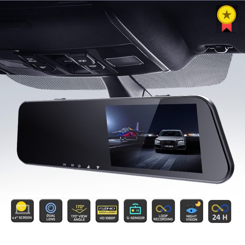 4.3'' Car HD Dual Lens DVR Dash Cam Front and Rear Mirror Camera Video Recorder