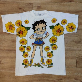 Betty Boop ovp overprint เสื้อลายการ์ตูน โอเว่อร์ปริ้น เสื้อลายเบตตี้บูฟดอกทานตะวัน ลายวินเทจ