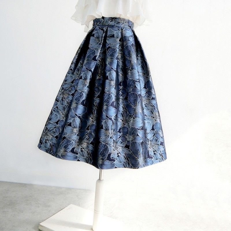 Slimmer ดู A-Line กระโปรงจริงสวย Denim Blue Gold ผ้าไหมปัก Pettiskirt Plus ขนาดหญิงฤดูใบไม้ผลิฤดูใบไม้ร่วงสไตล์ Cus