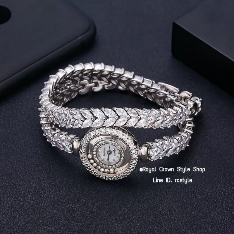 นาฬิกาเพชร Royal Crown, นาฬิกาข้อมือผู้หญิงสวยหรู,สายยาวสองรอบ,สีเงิน,ใส่แทนสร่อยข้อมื้อสวยมากค่ะ,จั