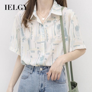 IELGY เสื้อเชิ้ต แขนสั้น พิมพ์ลาย กันแดด ทรงหลวม สไตล์ฮ่องกง ฤดูร้อน สําหรับผู้หญิง