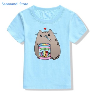 เสื้อยืด พิมพ์ลายการ์ตูนแมว Pusheen ตลก สีเหลือง สีฟ้า สไตล์สตรีท สําหรับเด็กผู้ชาย เด็กผู้หญิง