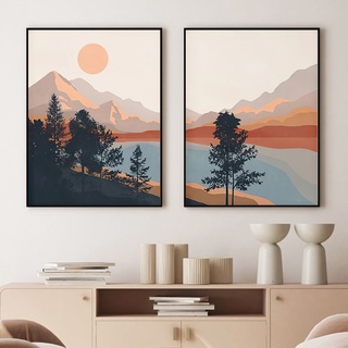 โปสเตอร์ภาพวาดผ้าใบ รูปภูเขา แม่น้ํา พระอาทิตย์ตก ต้นไม้ สไตล์โบฮีเมียน สําหรับตกแต่งผนังบ้าน ห้องนั่งเล่น