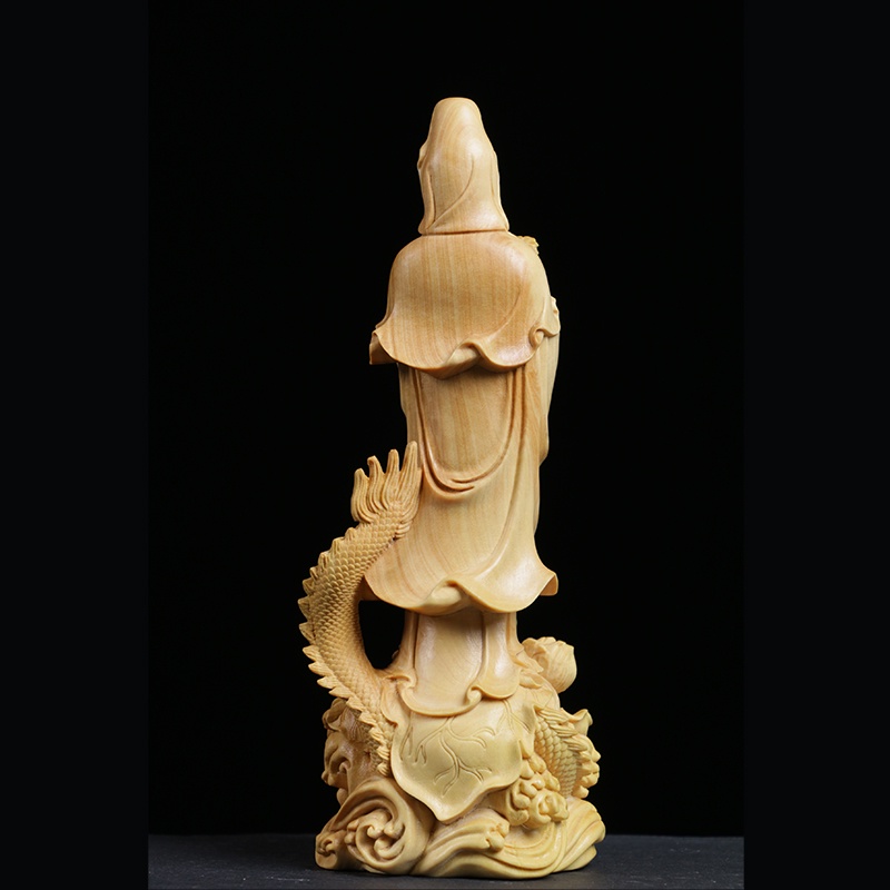 ✲Boxwood Carving Buddha Sculpture Hall Feng Shui Decoration Craft Solid Wood Buddha Statue Worship Dragon Guanyin Home D