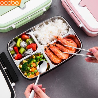 Cobbe กล่องข้าวสแตนเลส Lunch box กล่องเก็บอาหาร กล่องใส่อาหาร 4ช่อง พกพาสะดวก ฝาปิดแน่น กันอาหารหก