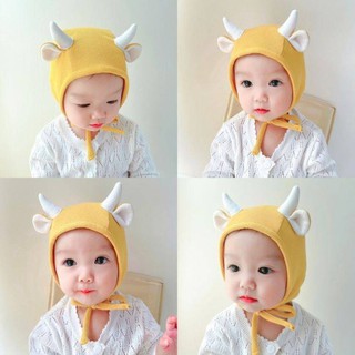 [พร้อมส่ง]หมวก หมวกผูกคางเด็ก 2เดือน-18เดือน รอบหัว:42-50 cm. หมวกกันหนาวผูกคางเด็กแรกเกิด แต่งลายวัวน้อย🐄 แบบใหม่ล่าสุด