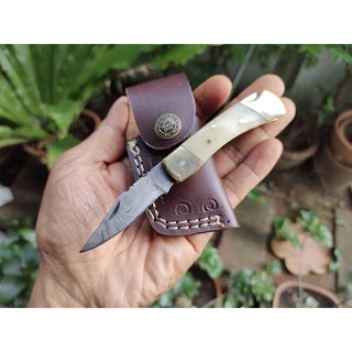 มีดพับ มีดดามัสกัส Damascus knife เหล็กดามัสกัสแท้ handmade, lock back ด้ามกระดูกอูฐ โครงทองเหลือง พร้อมซองหนังแท้