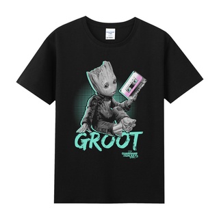 เสื้อยืดสีขาว◊Star Guard retro tree Groot การ์ตูนพิมพ์เสื้อผ้ารอบผ้าฝ้ายแขนสั้นเสื้อยืดผู้ชายและผู้หญิง BF windS-4XL