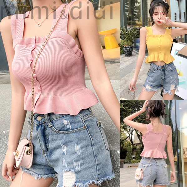 mimi&didi 367 knit เสื้อท็อป กล้ามสายเดี่ยว สายใหญ่ กระดุมหน้า ผ้าไหมพรม ระบายชาย เรียบๆ หวานๆ แบบเซ็กซี่ น่ารัก
