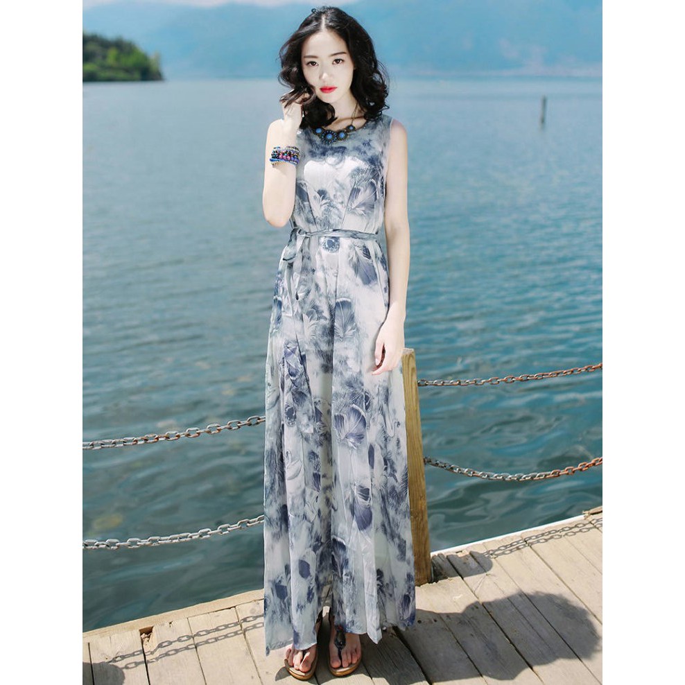 SUMMER ,BEACH WEAR!!! รุ่นใหม่2024 ชุดเดรสผู้หญิง ชุดกระโปรงผู้หญิง กระโปรงยาว เดรสยาวแฟชั่นคอกลม ใส่ได้ทุกวัยใส่สบาย