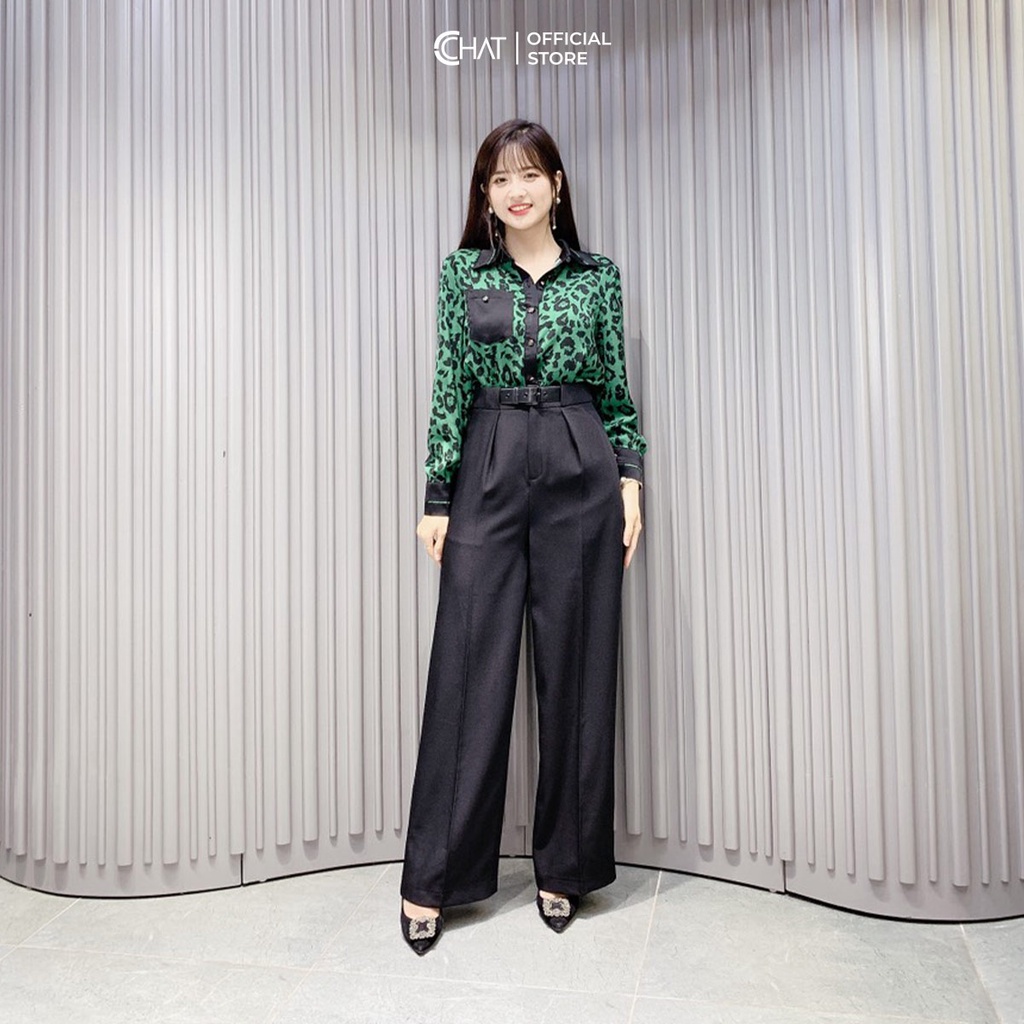 เสื้อเชิ้ตผู้หญิง CCHAT คอปกพร้อมกระเป๋าตกแต่งคุณภาพสูงทรงตรงสไตล์อ่อนเยาว์ 12FDL8014ST