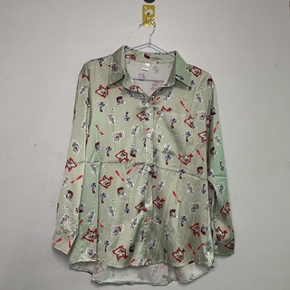 เสื้อเชิ้ตแขนยาว👕ลายแมว ทอม ลายหนู เจอรี่ สีเขียว🟩