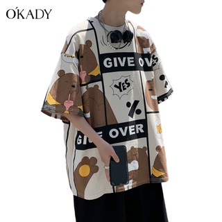 OKADY เสื้อยืดคอกลมแขนสั้นผู้ชายฤดูร้อน M-5XL พิมพ์ลายกราฟฟิตี้แบบหลวมๆ
