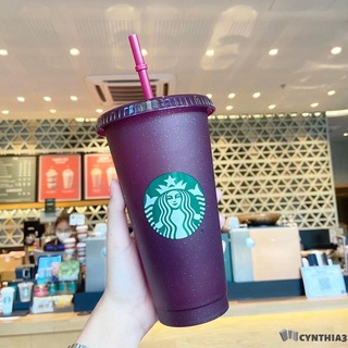 Starbucks Limited Edition แก้วน้ําเย็น ลายกลิตเตอร์ นํากลับมาใช้ใหม่ได้ พร้อมฝาปิด และหลอดดูด 700 มล. 2021