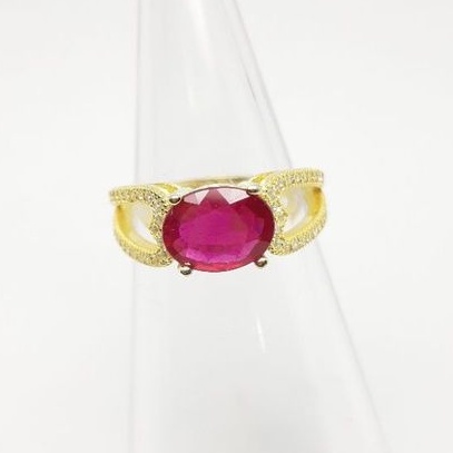 แหวน ทับทิม Ruby พลอยแท้  เจียรไน ขนาด 7×9 มม.ตัวเรือนเงิน 925 ชุบทอง ขนาด 51