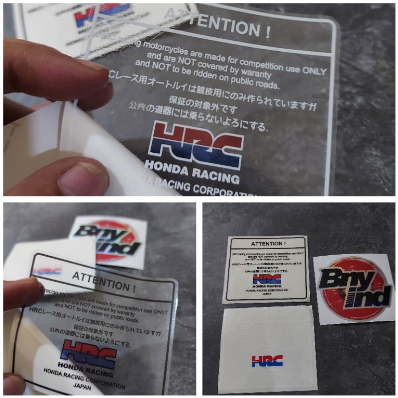 สติ๊กเกอร์ HONDA WARNING HONDA ATTENTION HONDA HRC JAPAN TRANSPARENT
