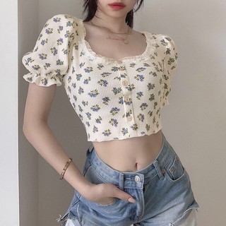 เสื้อครอป แขนสั้น ลายดอกไม้ สไตล์ซัมเมอร์