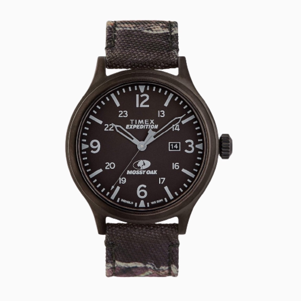 Timex TW2U21100 x Mossy Oak Expedition Scout นาฬิกาข้อมือผู้ชาย สายหนัง สีดำ หน้าปัด 43 มม.