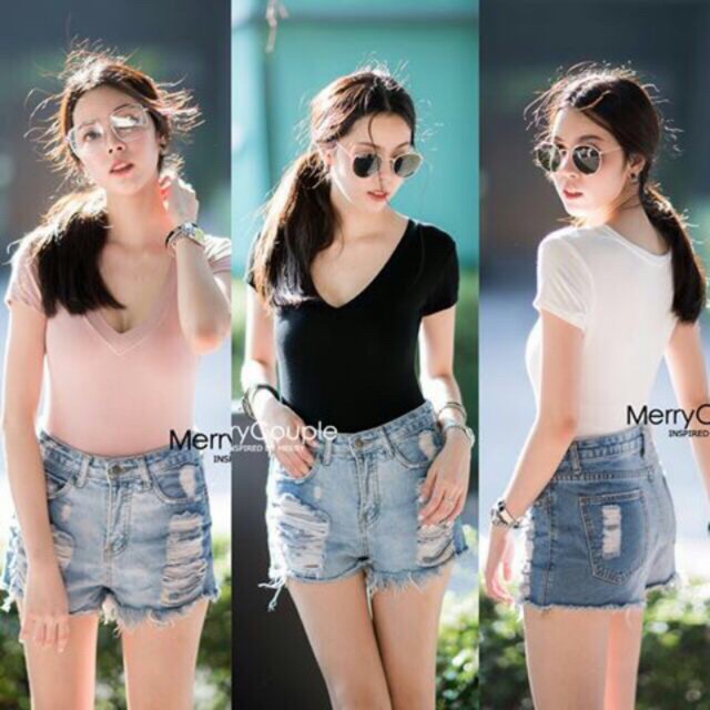 Body Suit บอดี้สูทคอวี V แขนสั้น ไม่เว้าหลัง !!เป้าแป๊กแกะได้!! ทรงสวยเป๊ะ สาวๆต้องมี ใส่สบายมาก