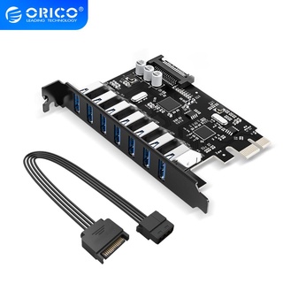 Orico SuperSpeed ชิปเซ็ต USB 3.0 7 พอร์ต PCI-E Express พร้อมตัวเชื่อมต่อพาวเวอร์ SATA 15pin PCIE Adapt VL805 และ VL812 (PVU3-7U-V1)