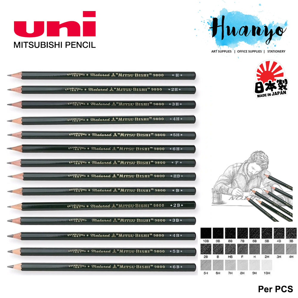 Mitsubishi Uni 9800 DX Artist Drawing & Sketching Pencil [Per pcs] (10B 9B 8B 7B 6B 5B 4B 3B 2B B HB