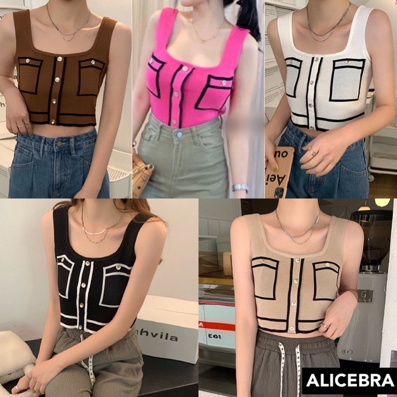 𝗔𝗟𝗜𝗖𝗘𝗕𝗥𝗔 มินิครอป ทรงกล้ามแขนกุด แต่งกระเป๋าคู่หน้าแต่งกระดุมหน้า ทอลายเส้นตัดแถบสีสุดHight