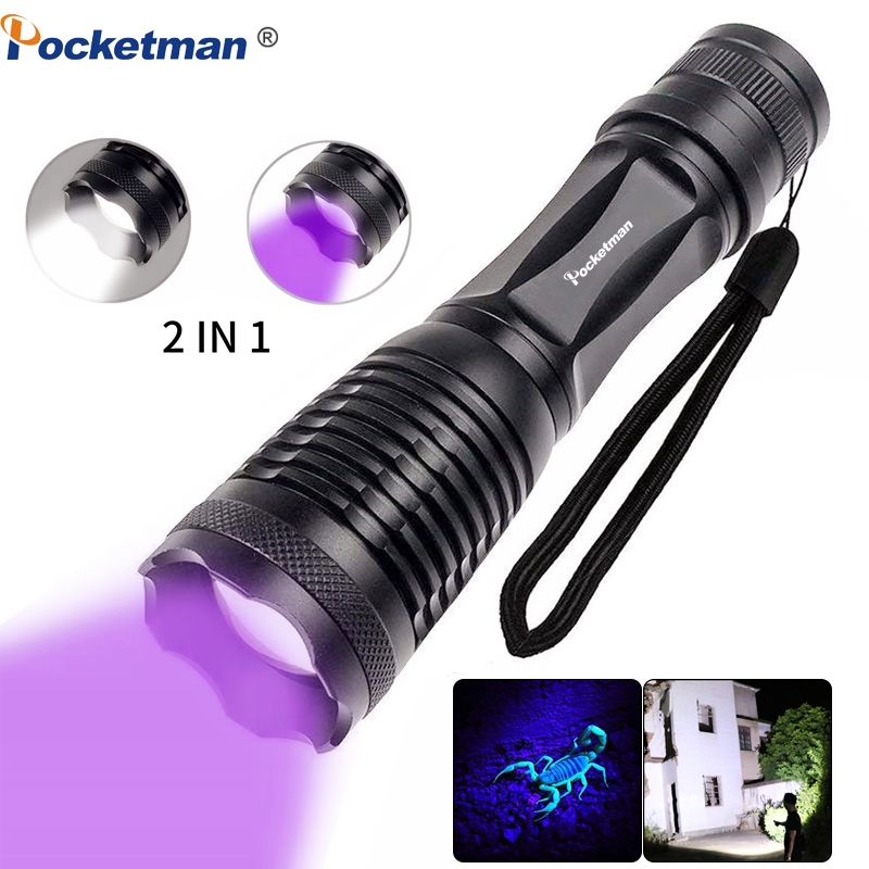 2 in 1 ไฟฉาย UV LED Linternas ไฟฉาย 395nm อัลตราไวโอเลตสําหรับแคมป์ปิ้งพรมสัตว์เลี้ยงตรวจสอบ