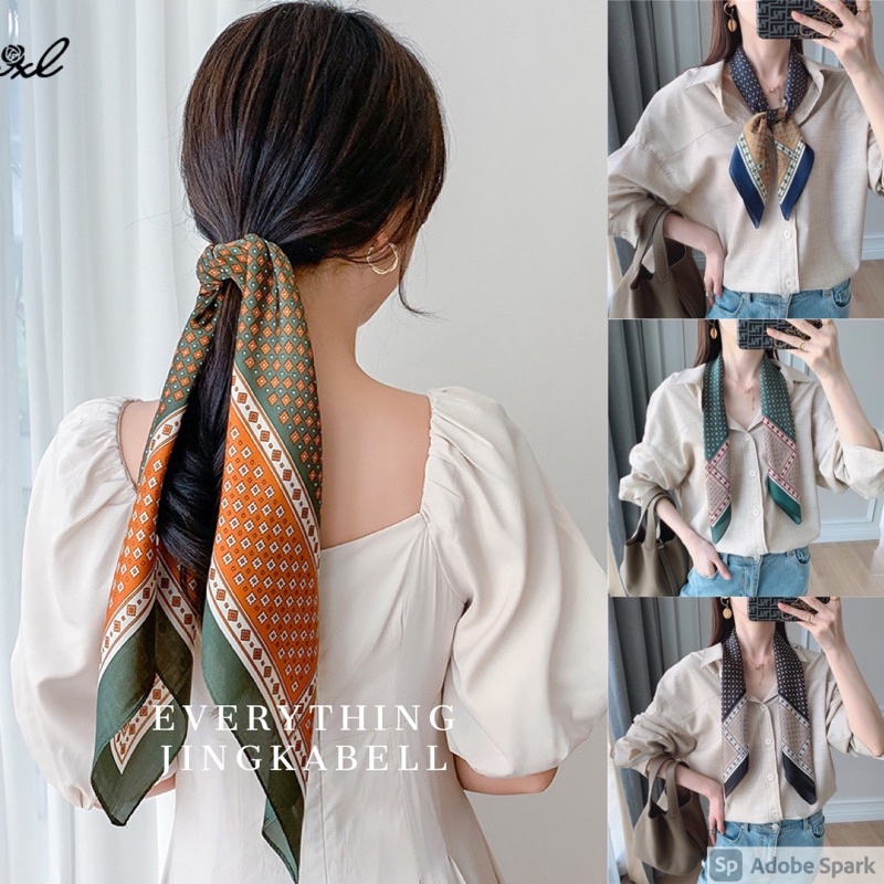 🔥พร้อมส่ง🔥  ผ้าพันคอ ผ้าโพกหัววินเทจ【70x70 ซม】ผ้ามัดผมเกาหลี - รูปที่ 4
