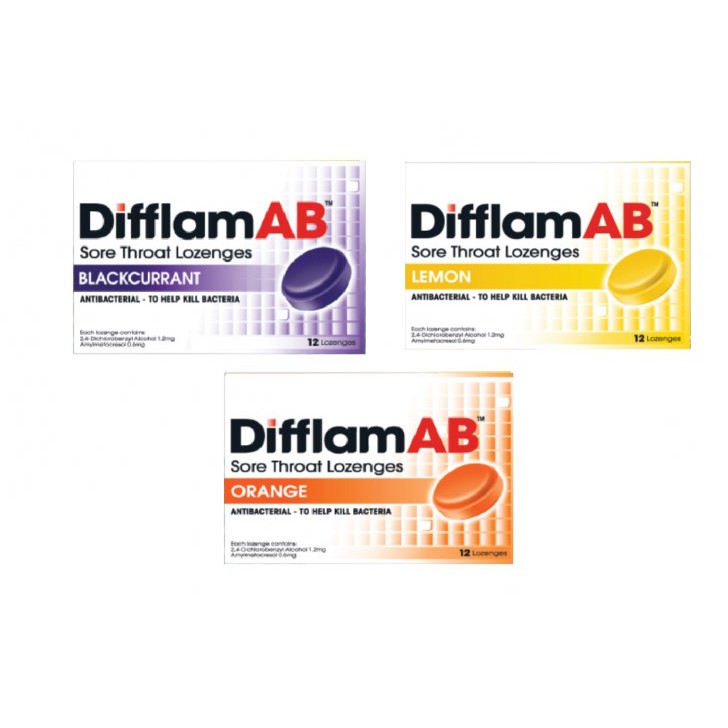 Difflam AB LOZENGES 12 ชิ้น (แบล็คเคอร์แรนท์ / เลมอน / ส้ม)