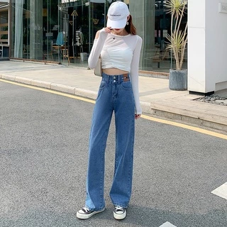 💥YH#9411💥มีไซซ์ S-3XL💥กางเกงยีนส์ เอวสูง สไตล์เกาหลี ตกแต่งกระดุมด้านหน้า เท้ากว้าง กางเกงยีนส์ขายาว สวยๆเก๋ๆ