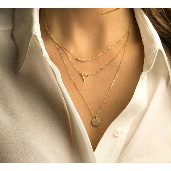 Multilayered Choker Triangle Beads Discs Pendant Necklace