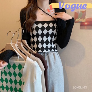 【WEร้านแฟชั่น】Vogue​​พร้อมส่ง​​เซ็ท เสื้อสายเดี่ยว+เสื้อคลุมไหมพรม ลายตารากหมากรุกน่ารักมาก(6A39+6A39-1)ใหม่