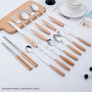 ชุด มีด ช้อน ส้อม ตะเกียบ วัสดุสแตนเลสและไม้ ช้อนส้อมด้ามไม้ Stainless steel cutlery