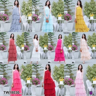 TwinsShopVip💗พร้อมส่ง TW18030 แม็กซี่เดรสชีฟองสีพื้น ระบายชั้น ..