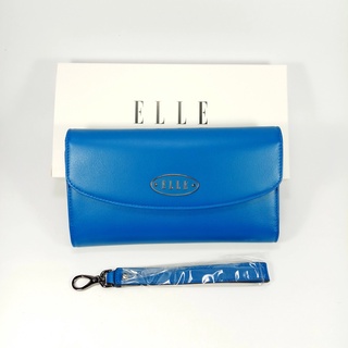 ELLE แท้!!! กระเป๋าสตางค์ผู้หญิงใบยาว สีน้ำเงิน สามพับ ฝาโค้งมน มีสายคล้องมือ หนังแท้ผิวมัน โลโก้กลมรี ของแท้100%