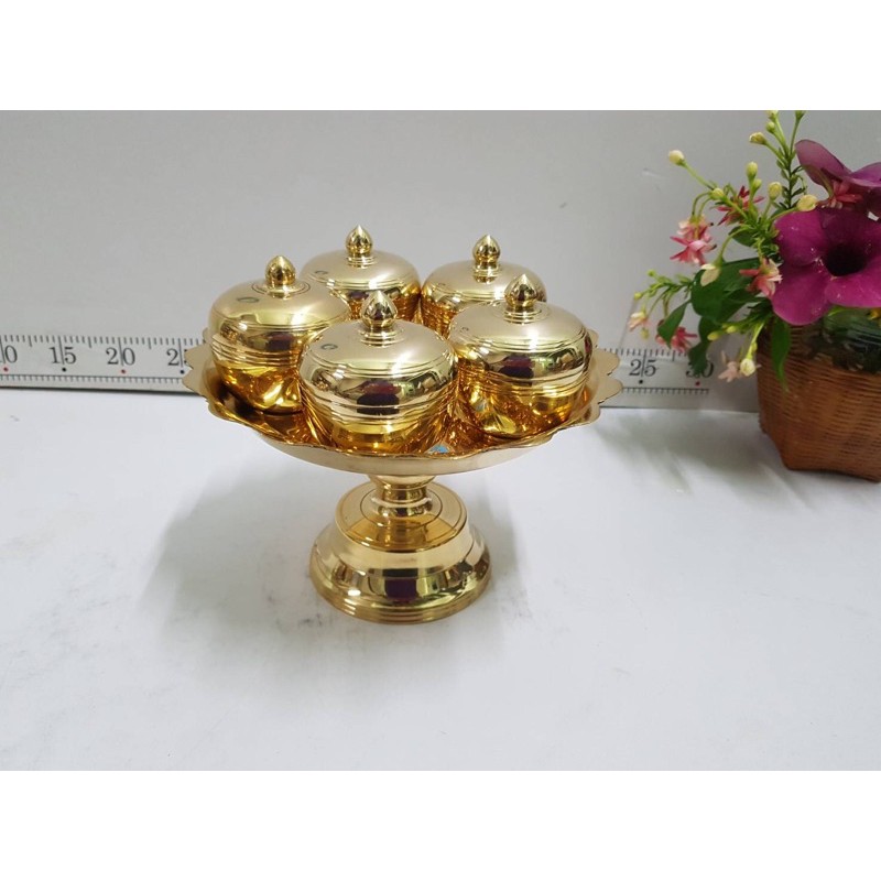 Brass byfa* 9(3*5) ชุดถวายข้าวพระ บนโตกพานหล่อขนาด 9นิ้ว ผอบใส่อาหารขนาด 3นิ้ว งานทองเหลืองแท้ น้ำหนักดี