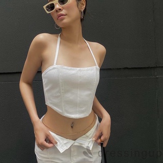 DRE-Women Summer Halterneck Tops,Slim Fit Solid Color Sleeveless Bandage Backless Crop Tops