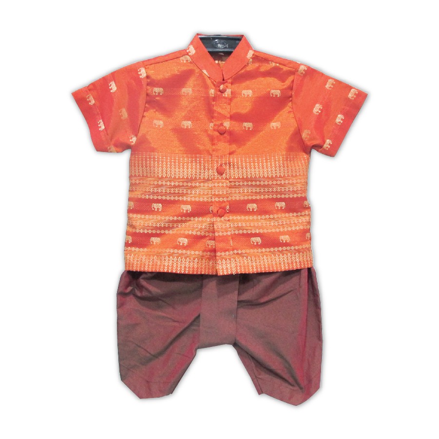 Wel-B ชุดไทยเด็กชาย สมัยรัชกาลที่ 5 เสื้อลายช้างสีส้ม กับโจงกระเบนผ้ารุ่งตะวัน ชุดเด็ก ชุดไท