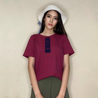 Portland เสื้อยืด ลายริ้ว แต่งผ้าลูกผ้าลูกไม้ด้านหน้า สีแดง Short Sleeve Stripe Tee with Lace (Red)