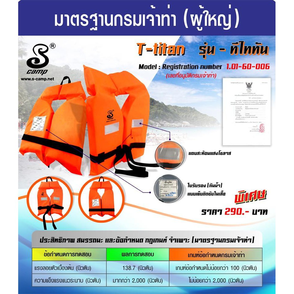 เสื้อชูชีพมาตรฐานกรมเจ้าท่า รุ่นที-ไททั่น แบบคล้องคอ เป็นขนาดฟรีไซส์ (100N) สามารถรับน้ำหนักได้ตั้งแต่ 30-120กก.