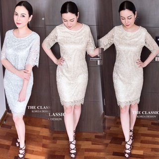 LuxuryDressShop ชุดไปงาน ชุดออกงาน เดรสราตรีสั้น เดรสลูกไม้แขน 3 ส่วนปักไหมดิ้นเงินทอลายผสมกับเลื่อมทั้งตัว