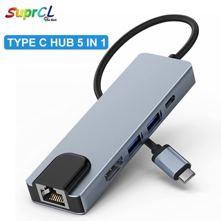 อะแดปเตอร์ฮับ USB C 5 in 1 MacBook Air เป็นอีเธอร์เน็ต RJ45 USB C 4K HDMI 2 USB 3.0 100W PD สําหรับ MacBook Pro iPad Pro 2020 MacBook Air 2020