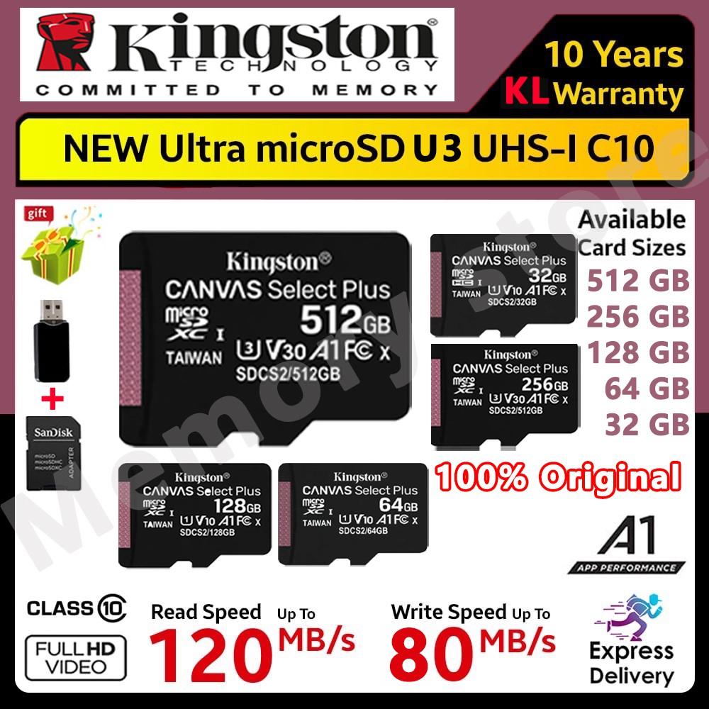 【Ready Stock】Kingston SD Card Micro Sd Card Memory Card Class 10 120MB/s 64G/256GB/128GB/512GB TF
