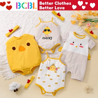 Bcbl ชุดรอมเปอร์ บอดี้สูท แขนสั้น สีเหลือง ลายไก่น่ารัก พร้อมที่คาดผม สําหรับเด็กผู้ชาย เด็กผู้หญิง