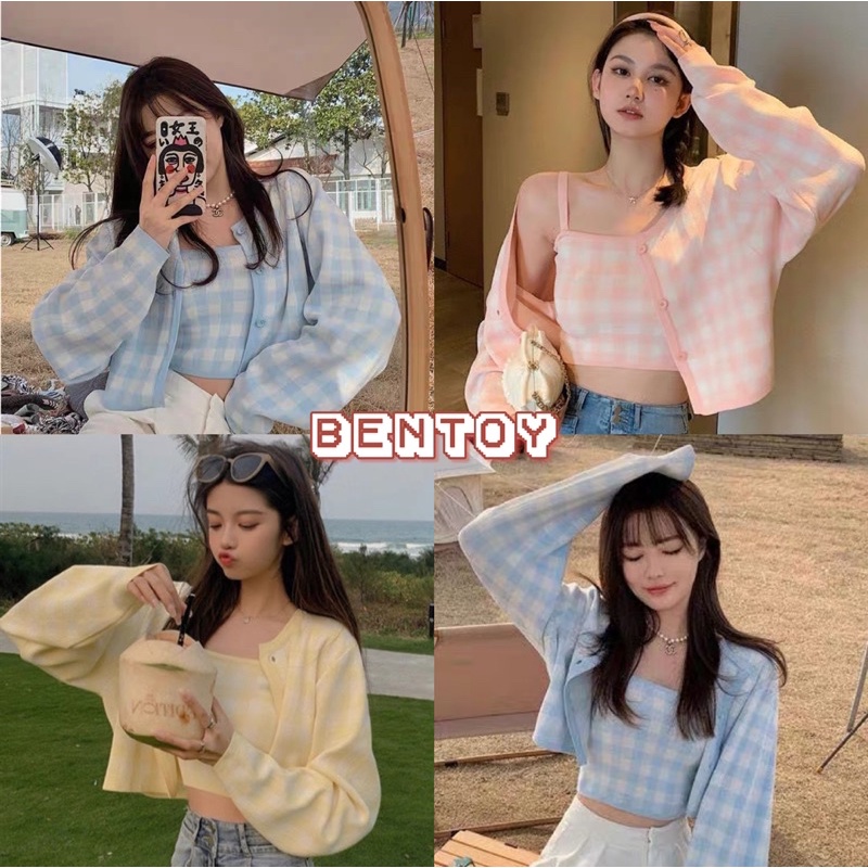 Bentoy(7865/ML09)set เสื้อสายเดี่ยวไหมพรม+เสื้อคลุมแขนยาว ดีเทลลายสก็อต สีพาสเทลน่ารัก ราคา ถูกที่สุด ดีลบีเคเค
