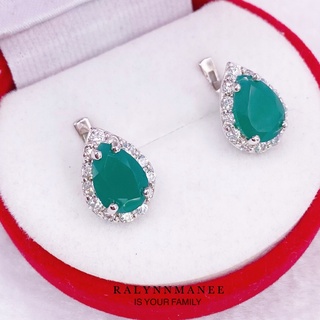 Q6410 ต่างหูพลอยโมราแท้ ( Chrysoprase ) แบบอิงลิชล็อค ตัวเรือนเงินแท้ 925 ชุบทองคำขาว