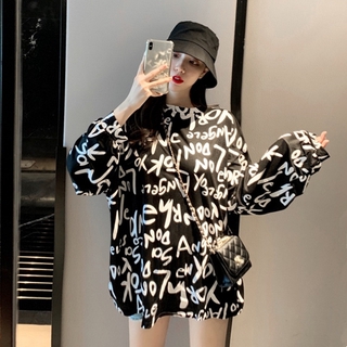 เสื้อโอเวอร์ไซส์เกาหลี เสื้อยืดแขนยาวตัวอักษรเกาหลี เสื้อผ้าสาวอวบ เสื้อยืด Oversize เสื้อผ้าแฟชั่นสาว