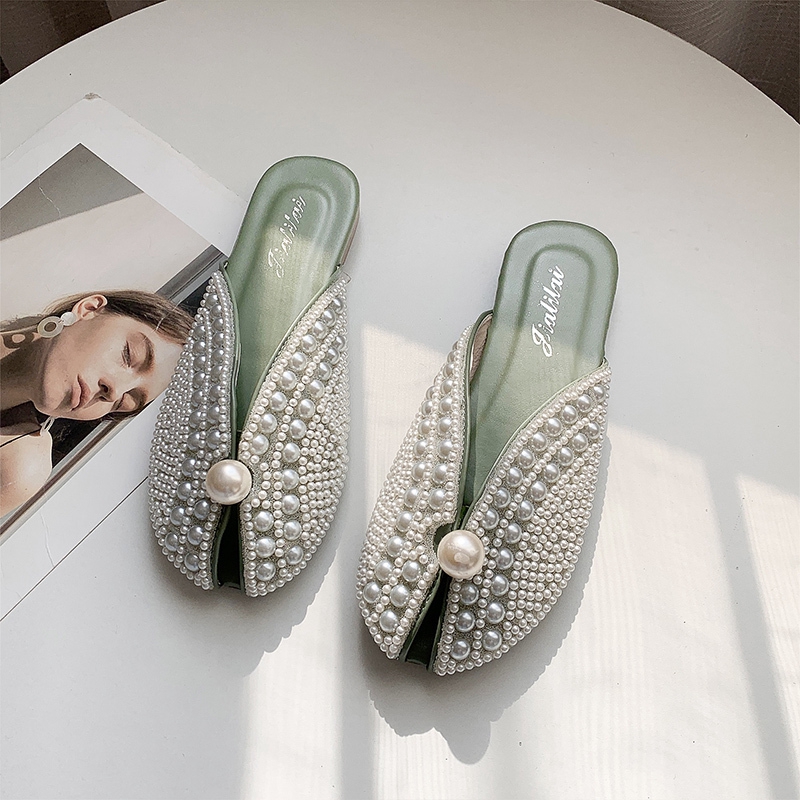 รองเท้าเปิดส้น ตกแต่งมุก, แบน รองเท้าแตะผู้หญิงสวมด้านนอก มี 3 สี, Size36-40