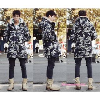 Army Coat โค้ทขนเป็ดลายทหาร บุในหน้า ฟังก์ชันครบใส่ติดลบได้ สีน้ำเงินและสีเขียว