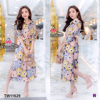 TW11629  เดรสเชิ้ตยาวกระดุมหน้าแขนยาว มีสายผูกเอว เนื้อผ้าไหมเกาหลีพิมพ์ลายดอก ชายกระโปรงผ่าข้าง